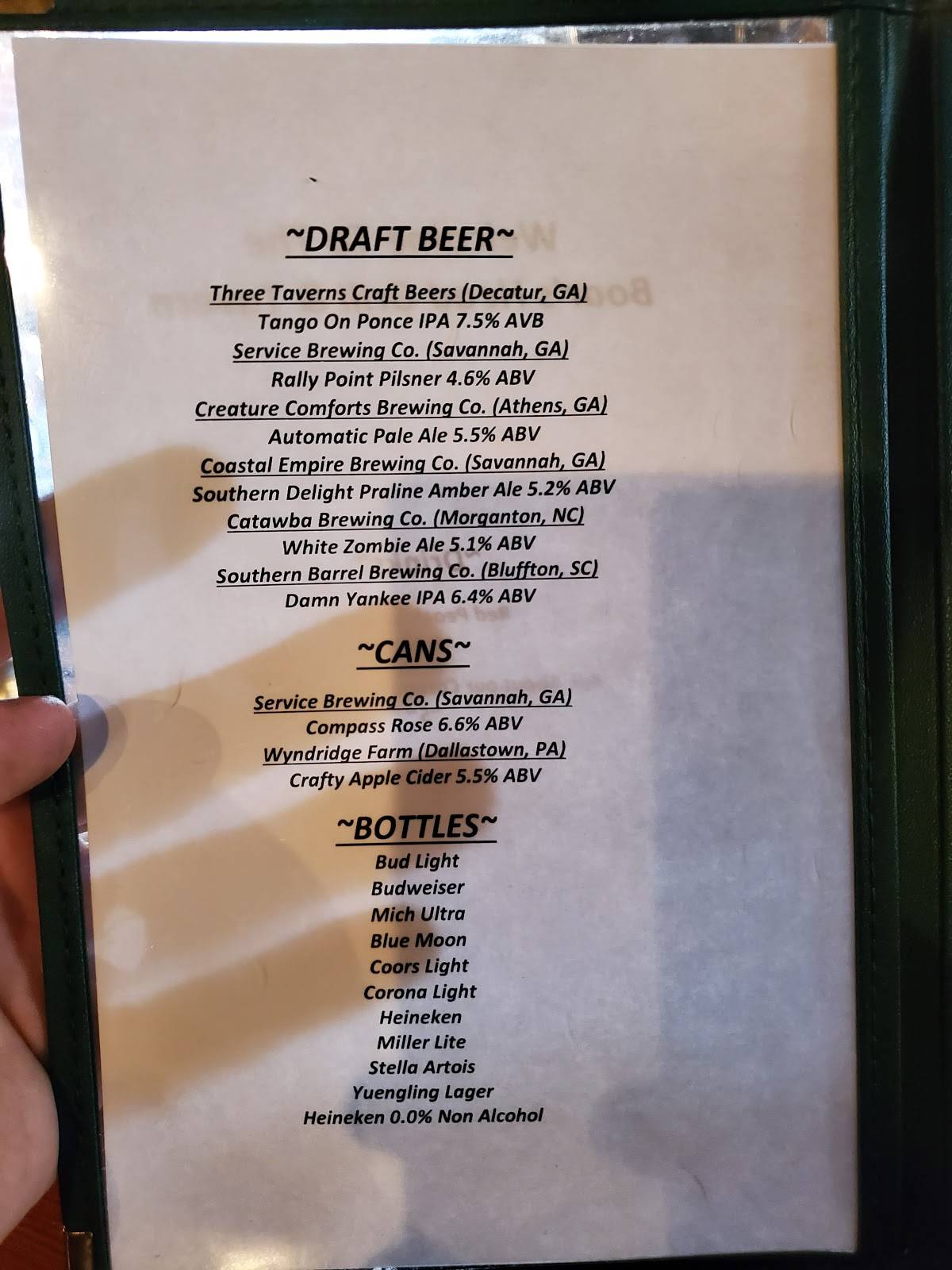 Menu at Boar's Head Grill & Tavern pub & bar, Savannah