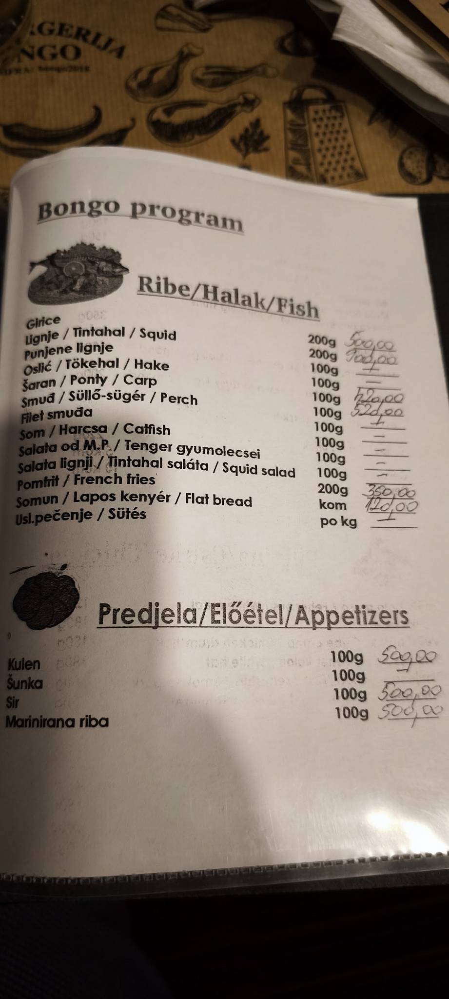 Menu de Bongo