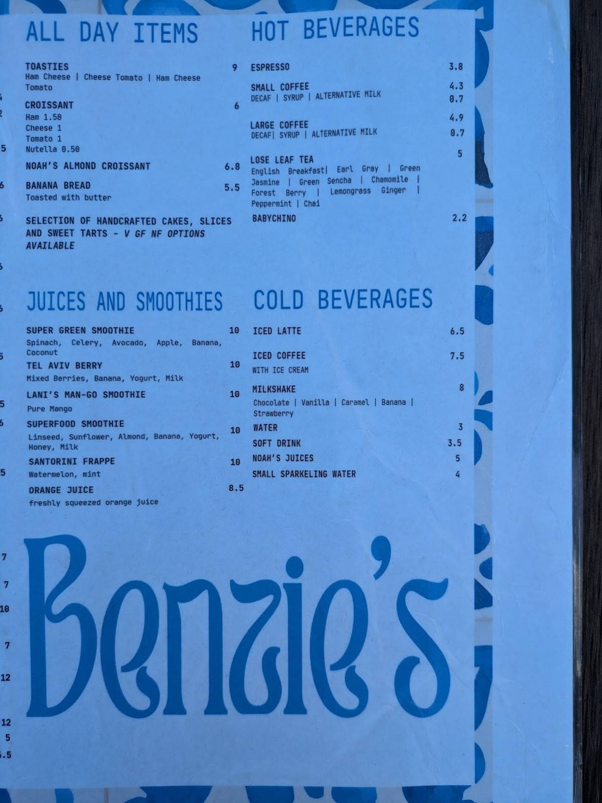 Menu at Benzie's Cafe, Botany