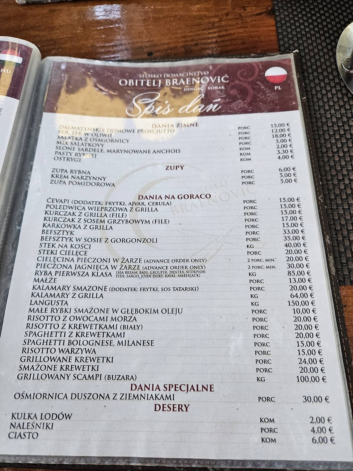 Menu di Braenović restaurant 