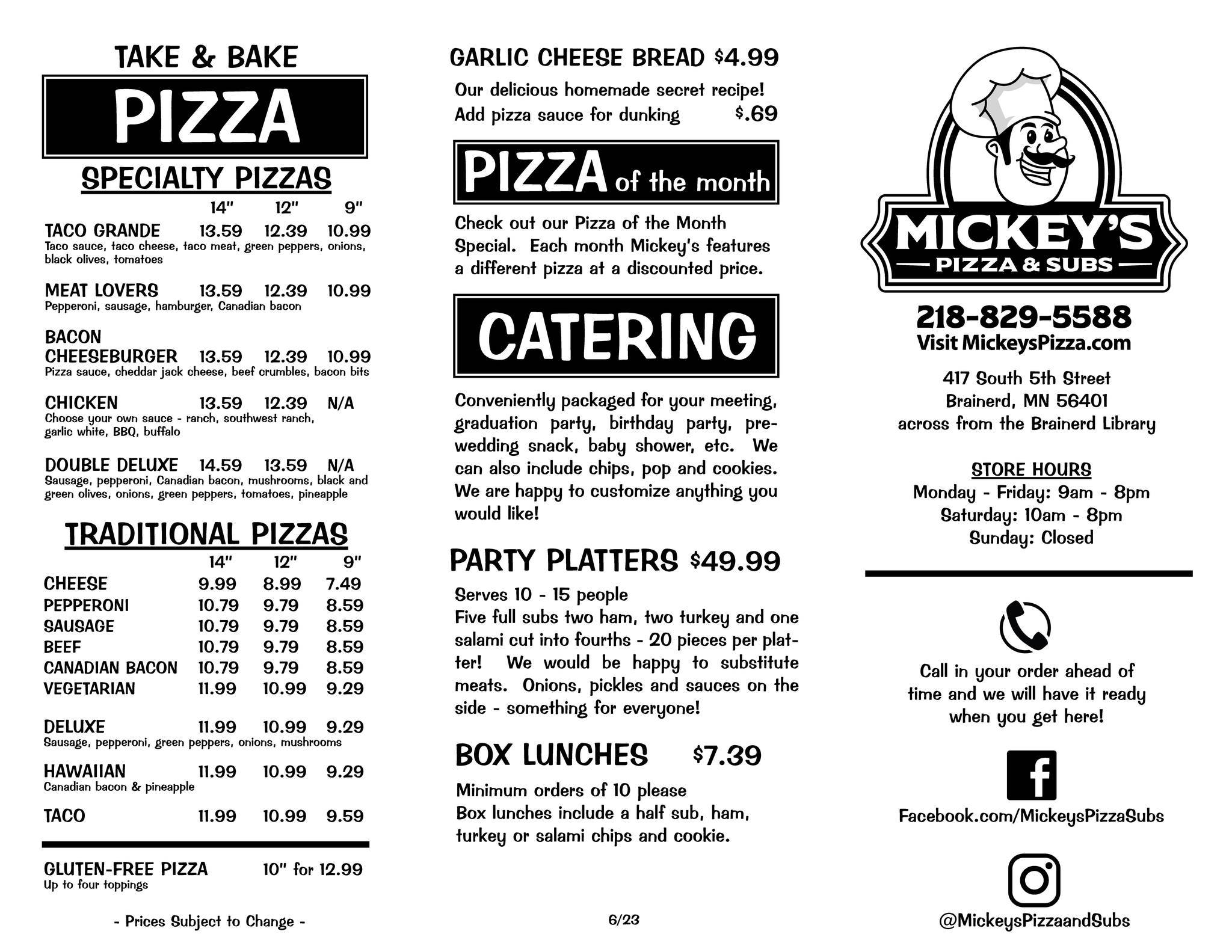 Menu at Mickey's Pizza & Subs pizzeria, Brainerd