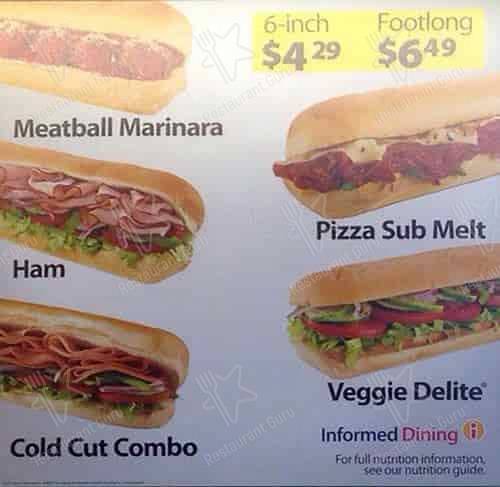 Menu de Subway