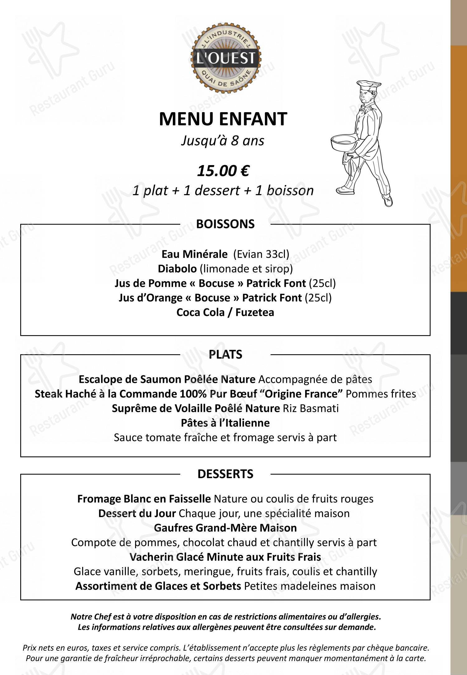 Dinner Menu pour Brasserie L'Ouest - Bocuse dans Lyon