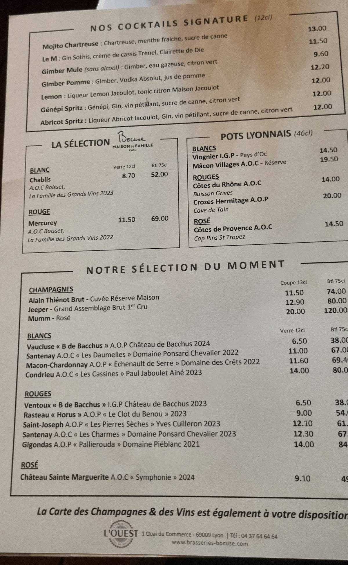 Menu de Brasserie L'Ouest - Bocuse