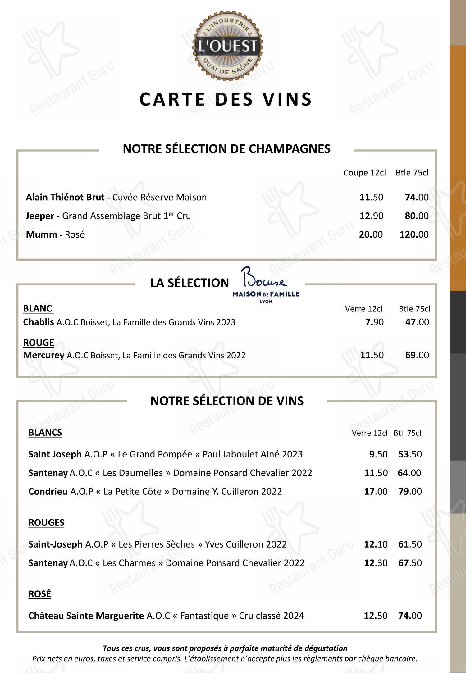 Menu pour Brasserie L'Ouest - Bocuse - repas et boissons