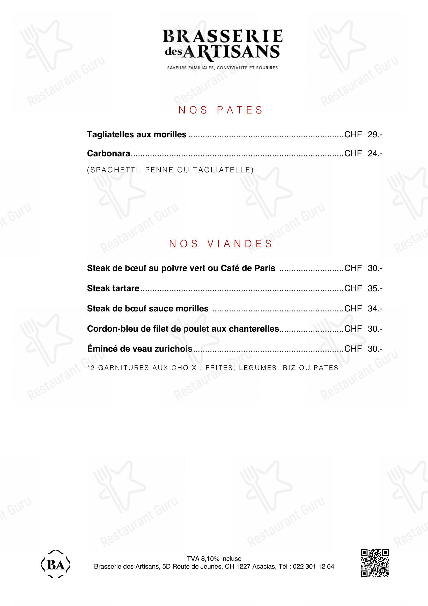 Menu di Brasserie des Artisans - Menu