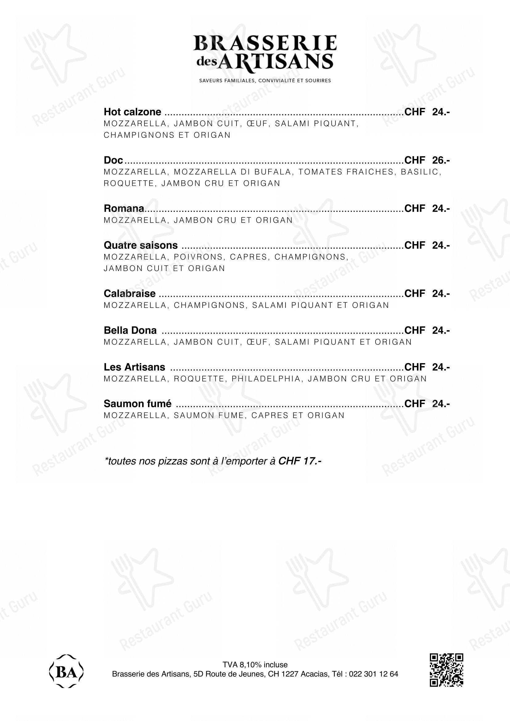 Brasserie des Artisans in Ginevra - Menu