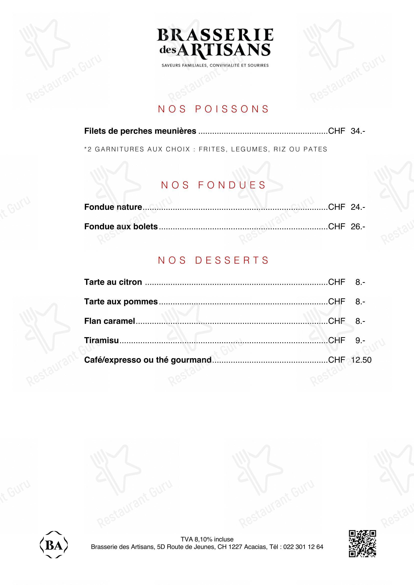 Menu per Brasserie des Artisans in Ginevra