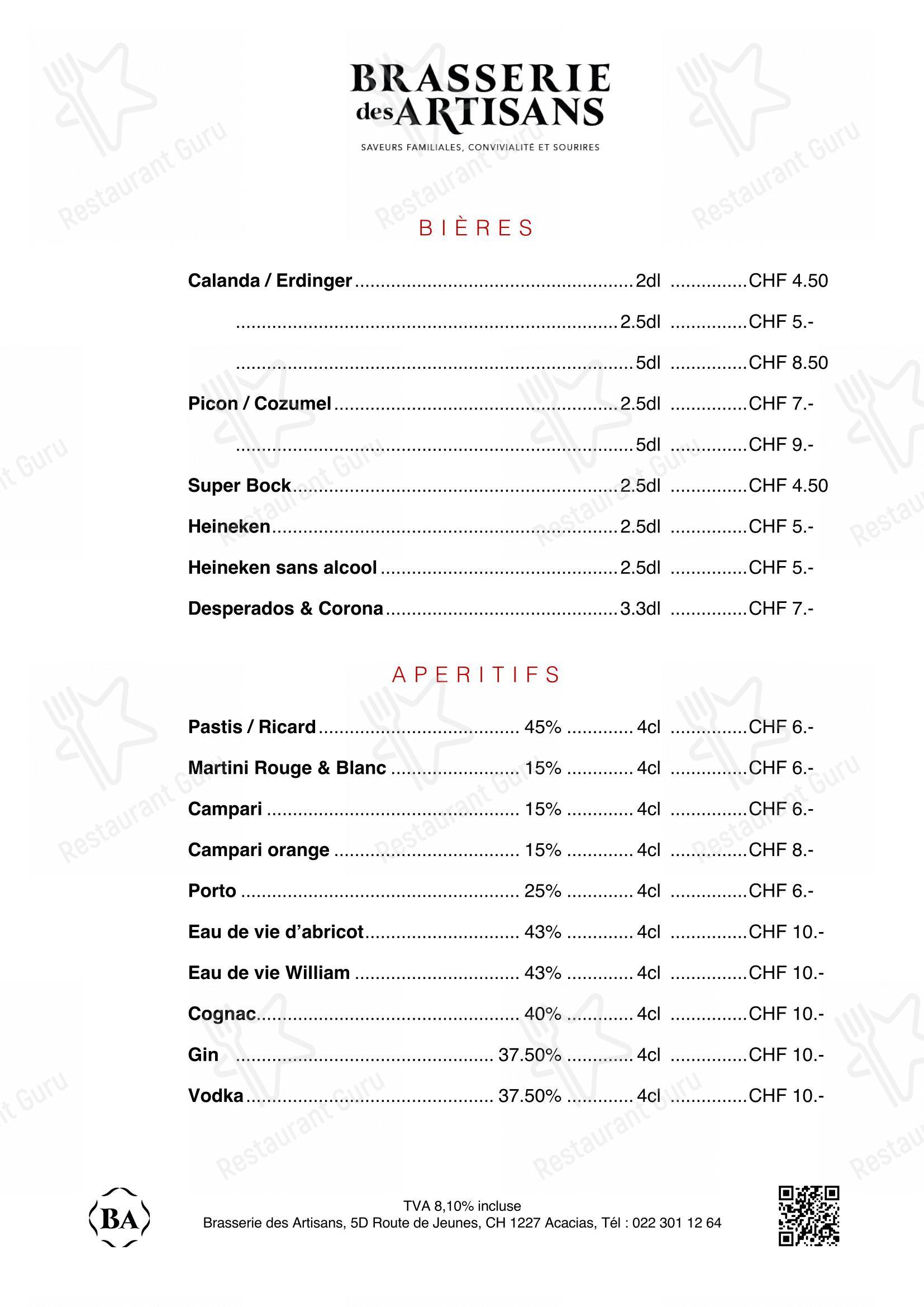 Menu per Brasserie des Artisans in Ginevra