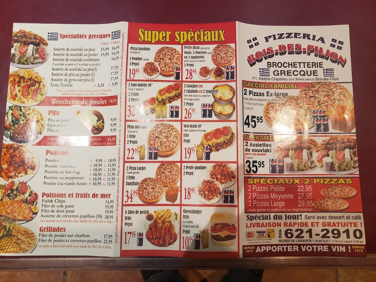 Menu au Brochetterie Bois des Filion Pizzeria, BoisdesFilion