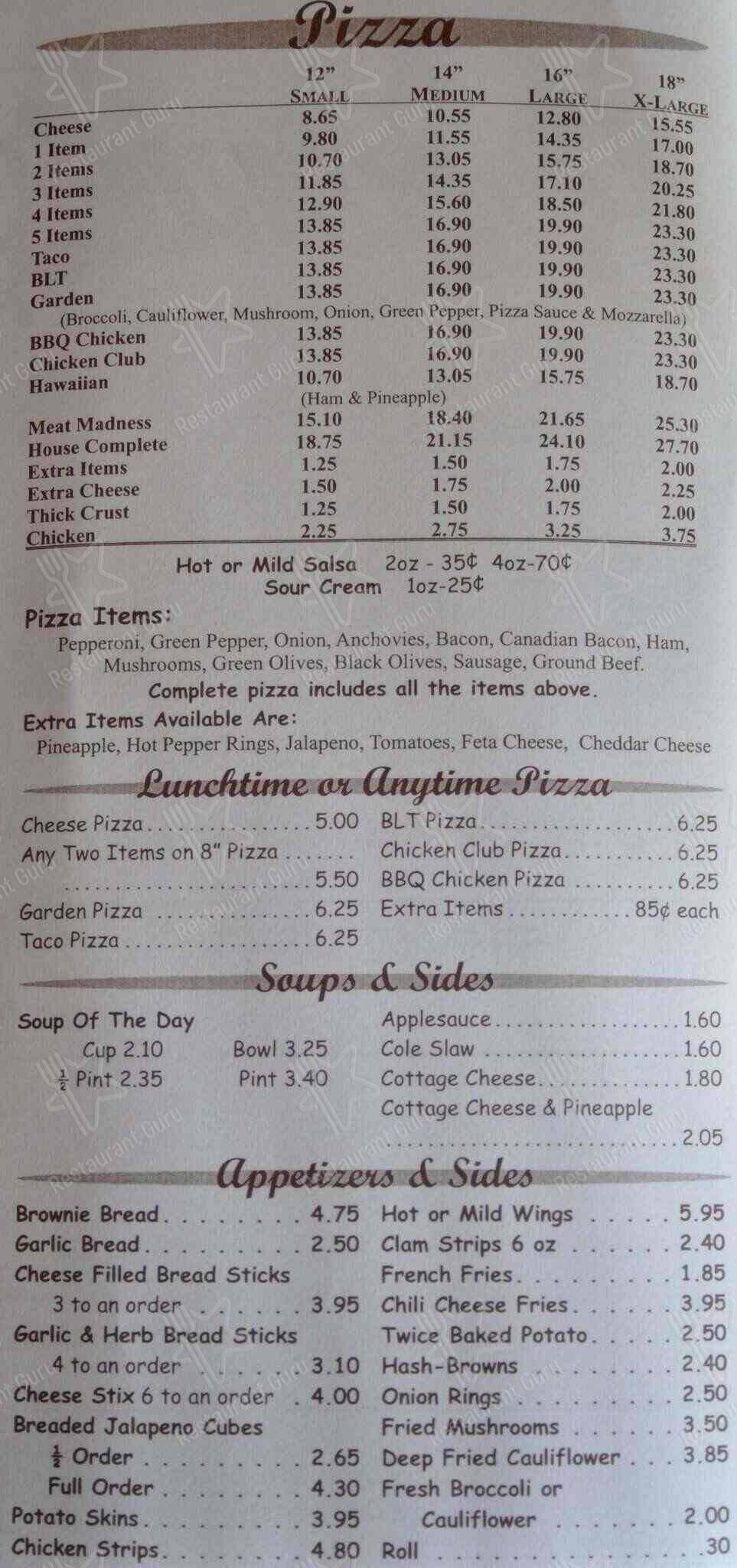Menu at Brownie's House of Pizza pizzeria, Tecumseh