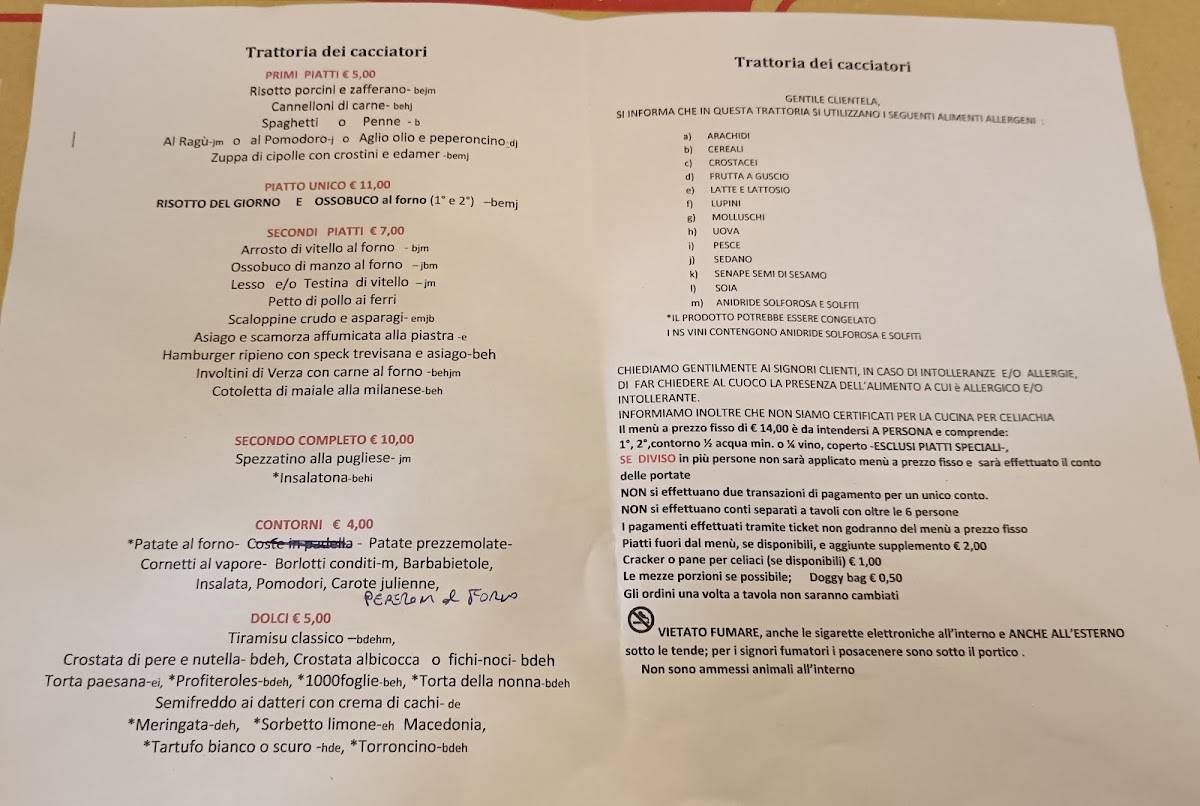 Menu di Trattoria dei Cacciatori 