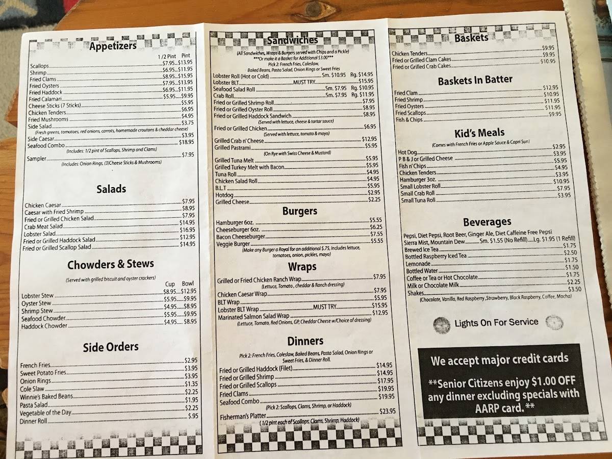 Menu at Cameron's Lobster House restaurant, Brunswick