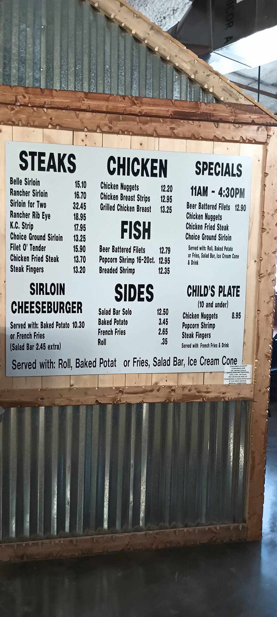 Menu at Bryan's Steaks steakhouse, Lubbock