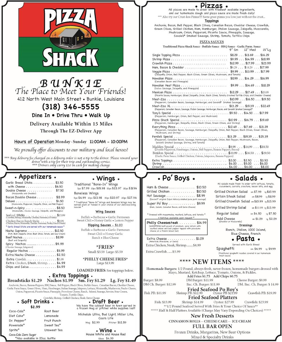 Menu at Bunkie Pizza Shack pizzeria, Bunkie