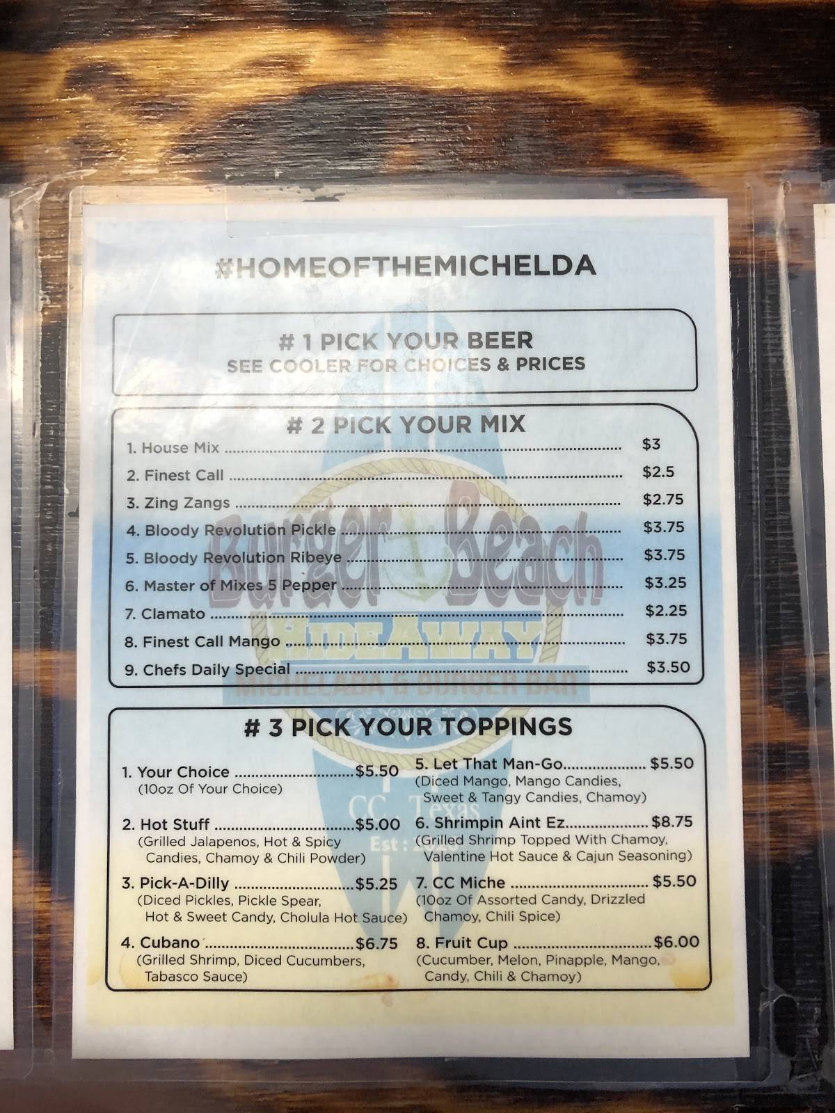 Menu at Burger Beach HideAway restaurant, Corpus Christi