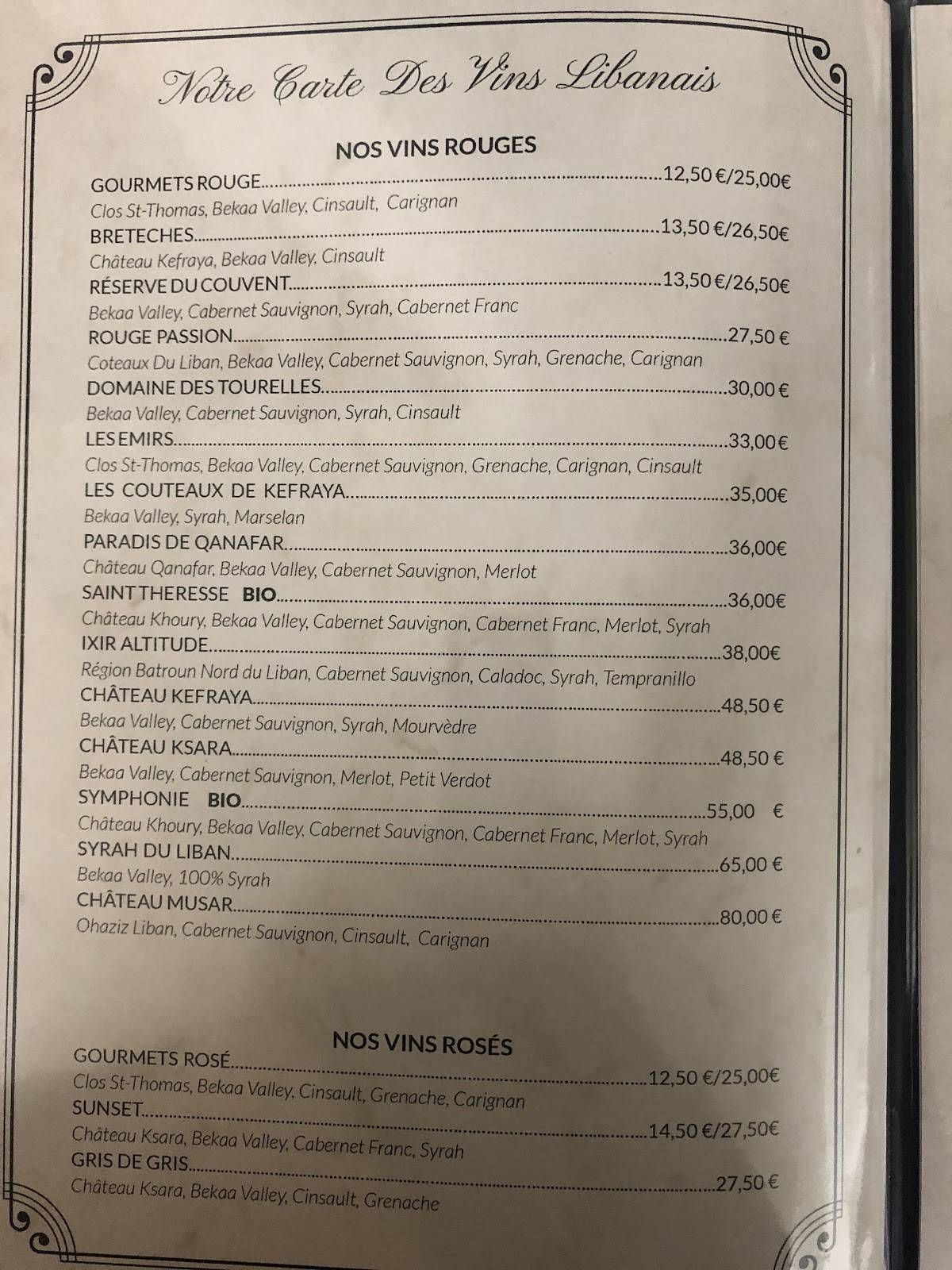 Menu de Byblos Restaurant Cuisine Libanaise