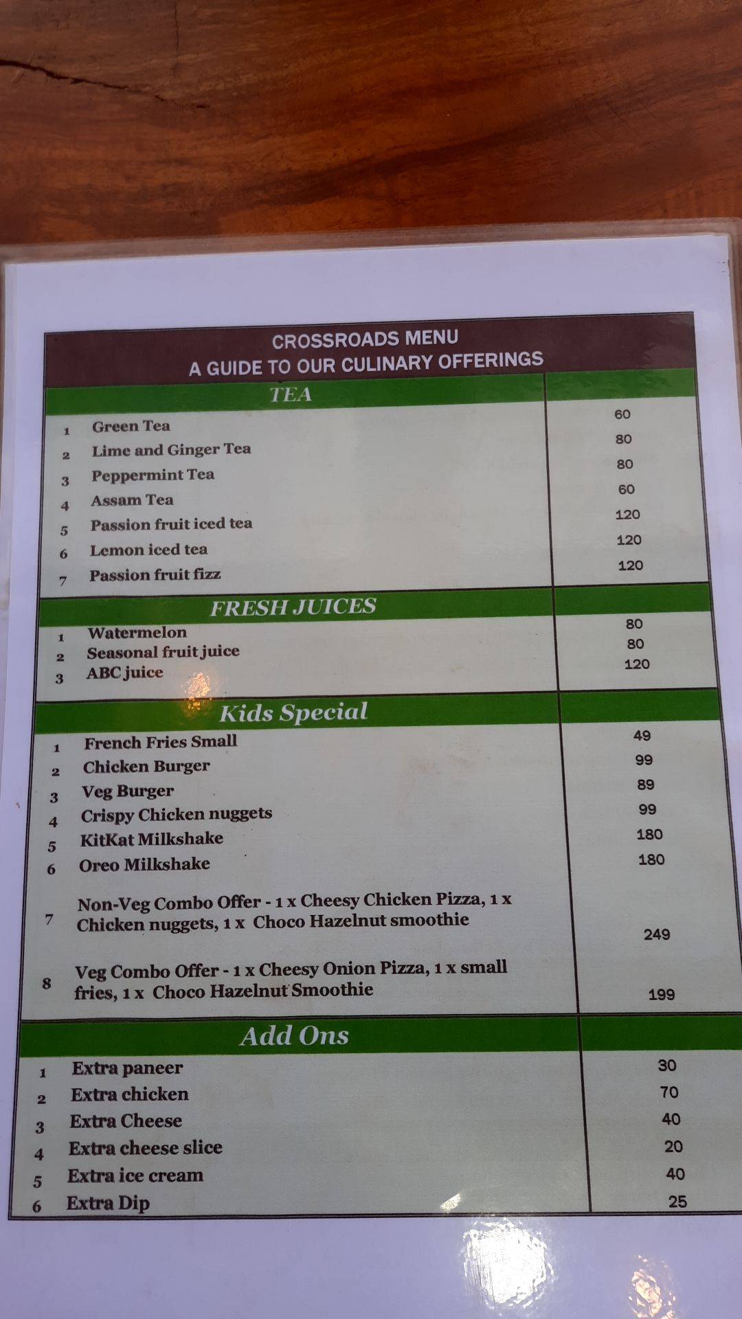 Crossroads menu