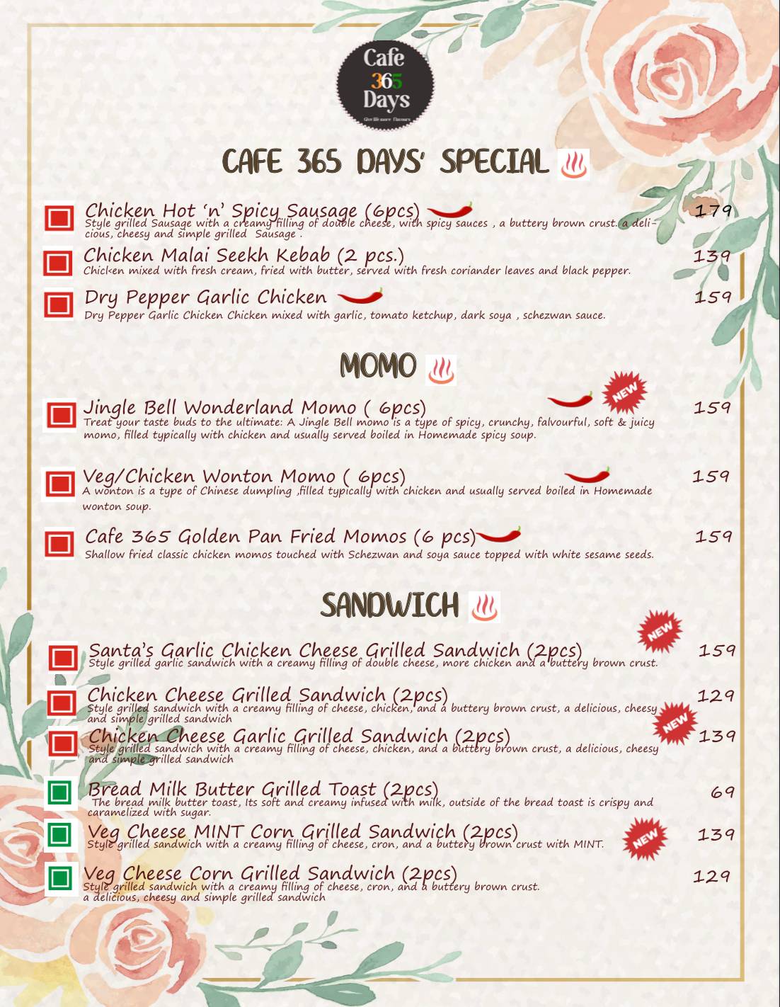 Cafe 365 Days menu