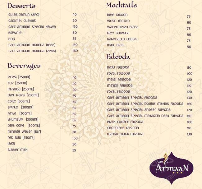 Cafe Armaan menu