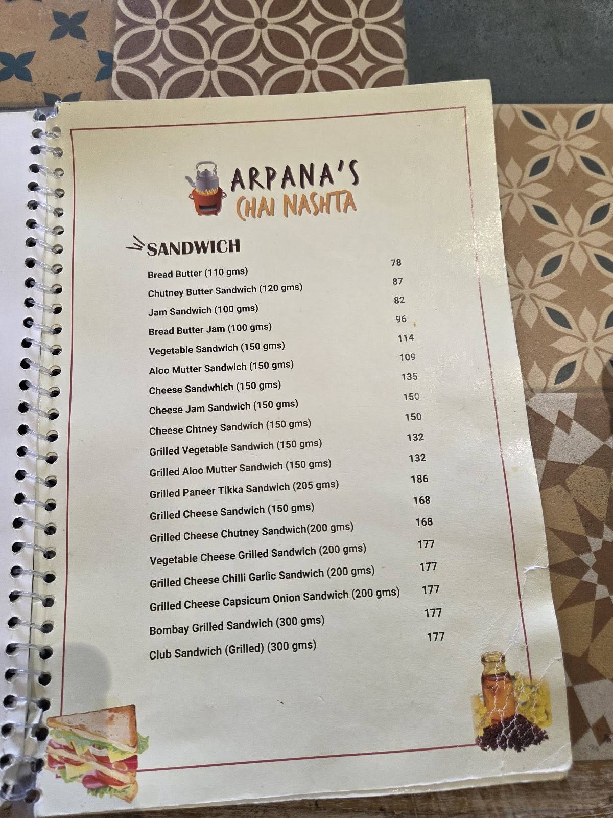 Arpana's Chai Nashta menu