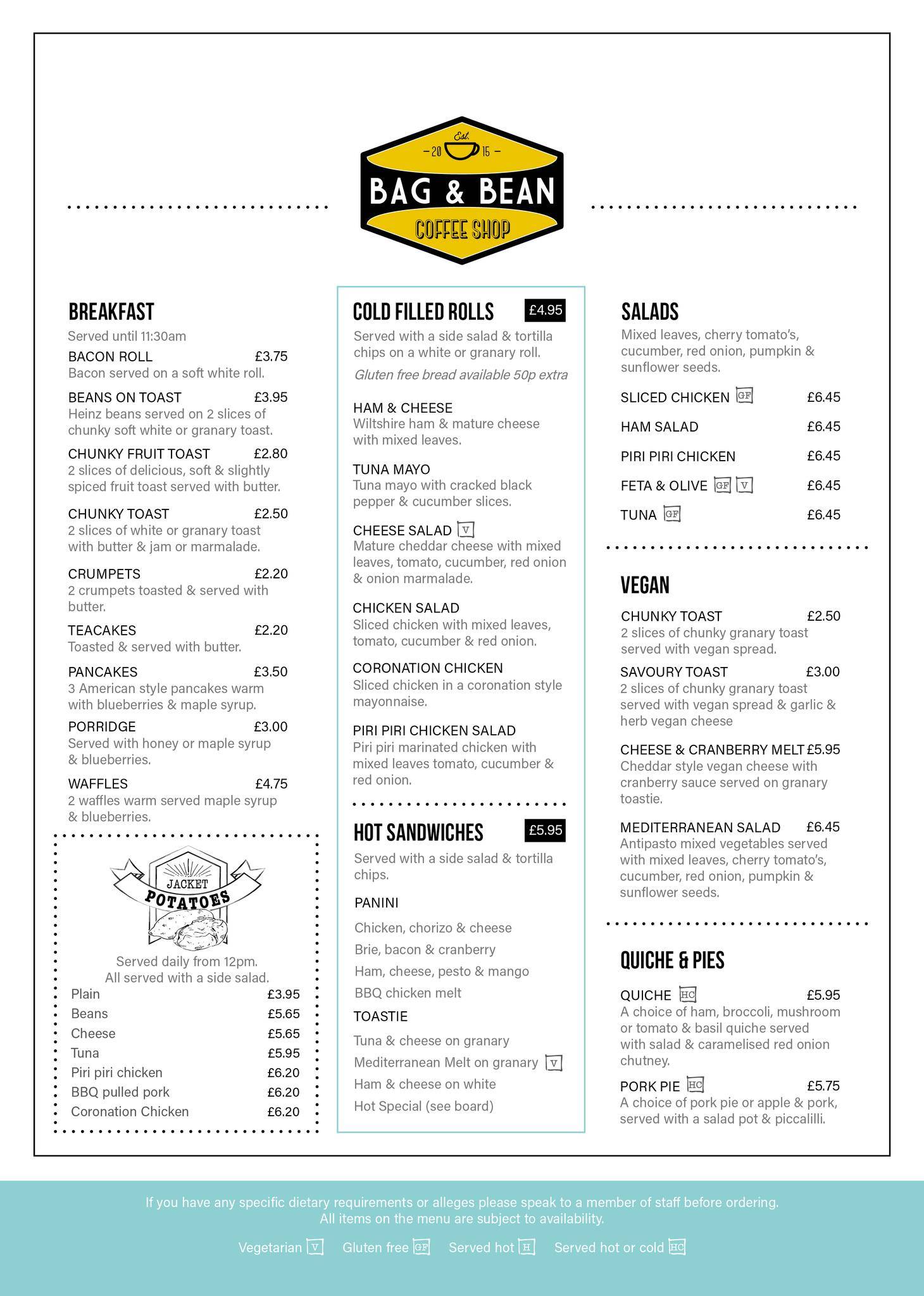 Menu at Bag and Bean cafe, Wigan