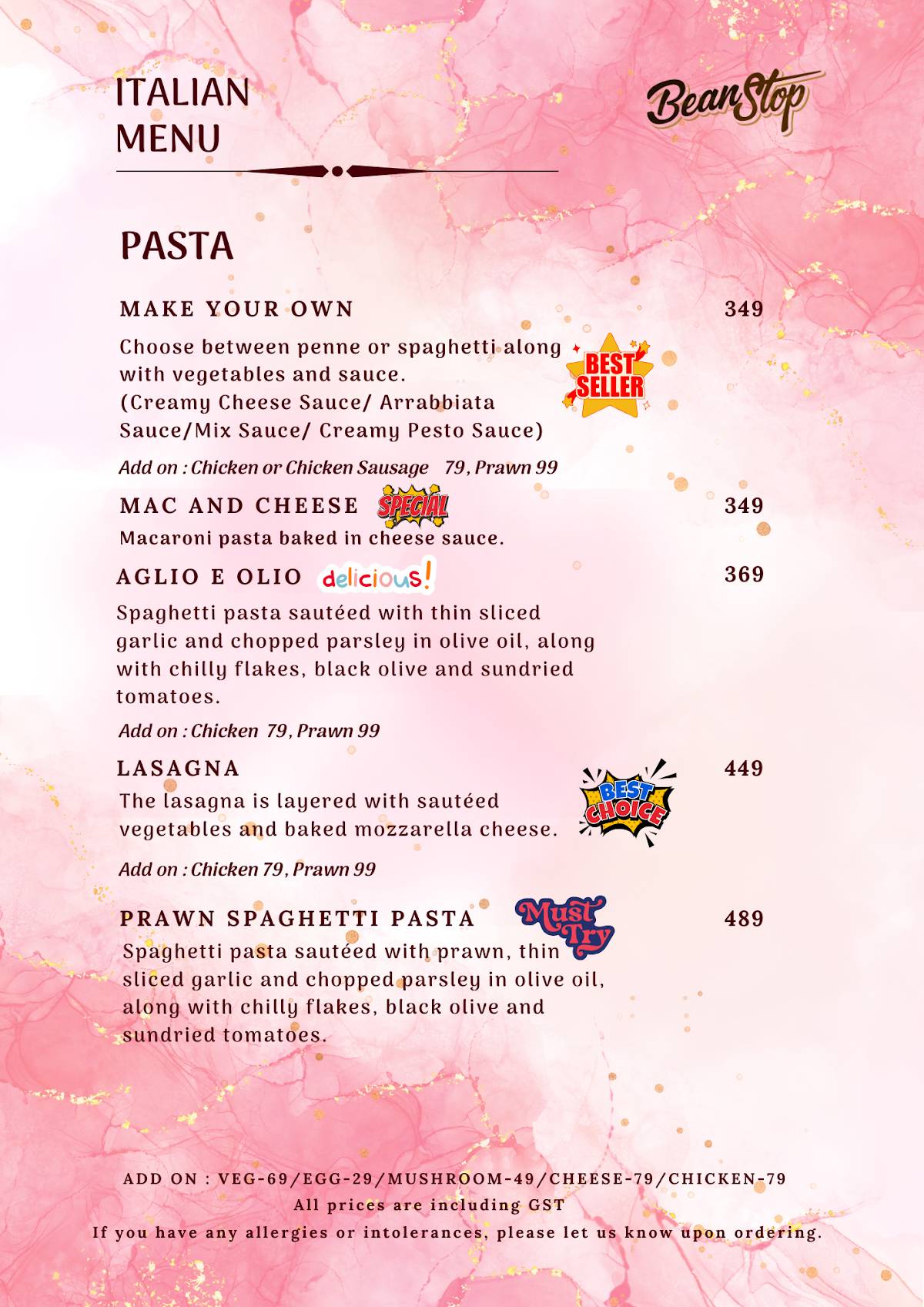 Bean Stop menu