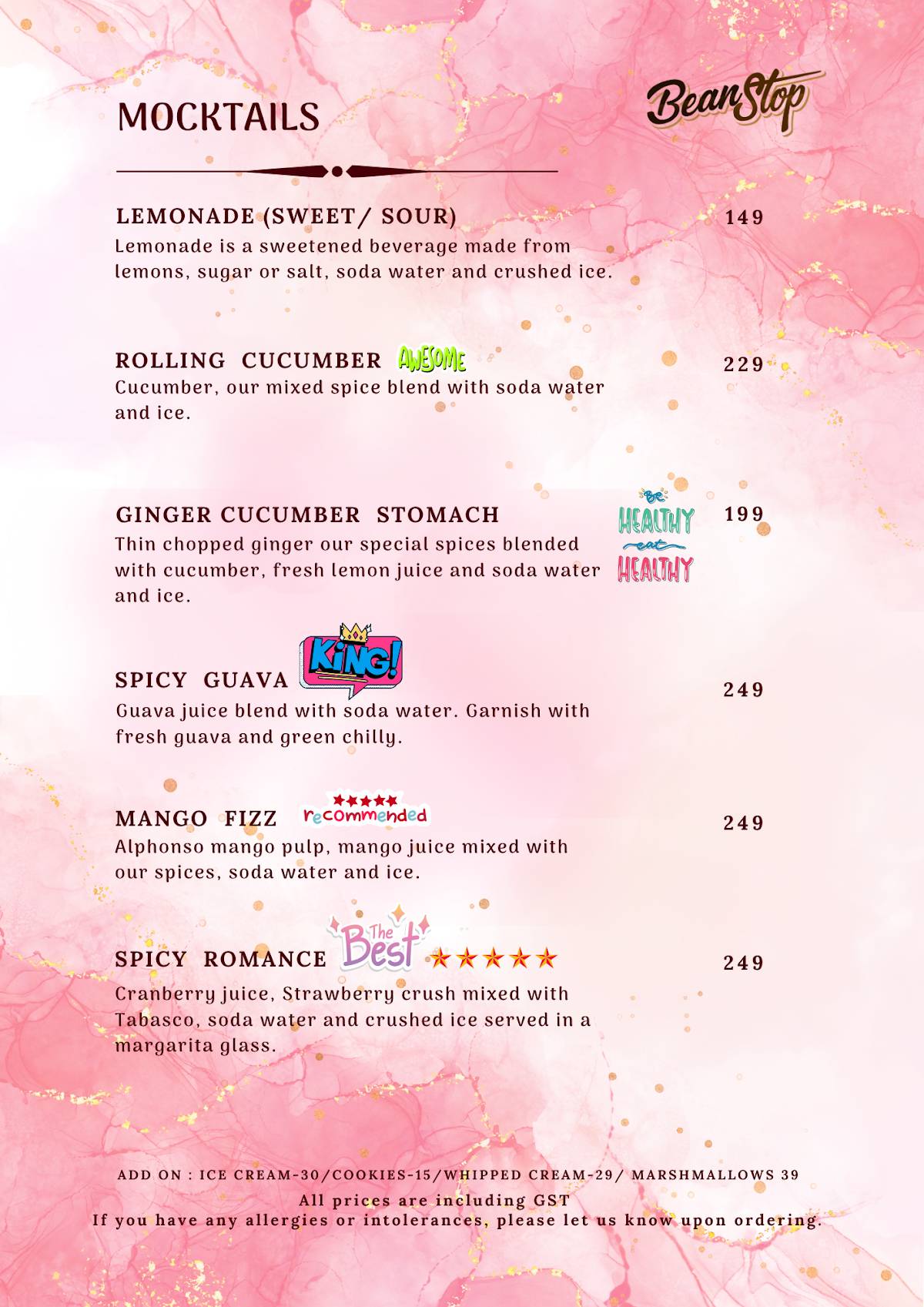 Bean Stop menu