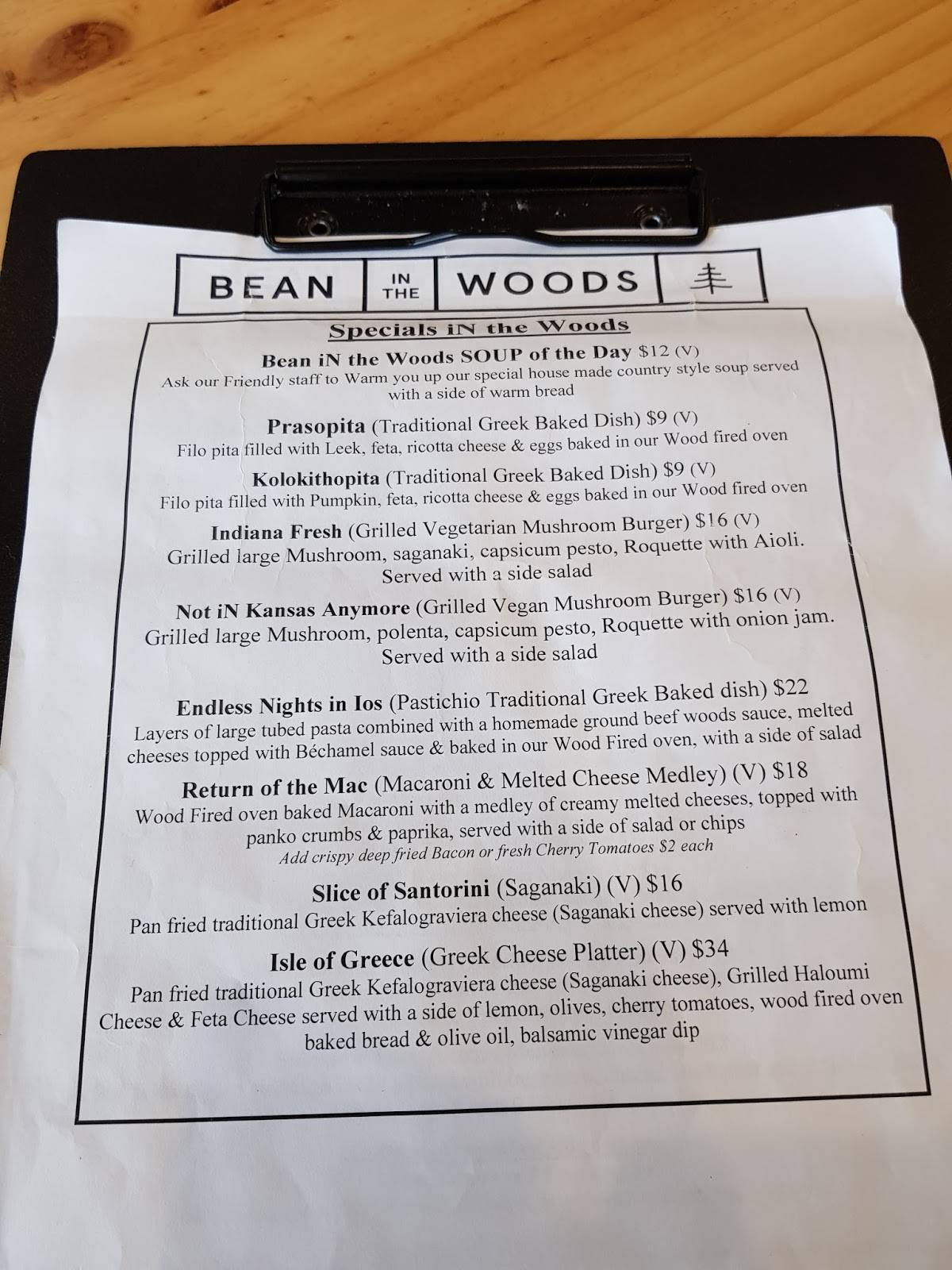 Menu at Bean in the Woods cafe, Ringwood
