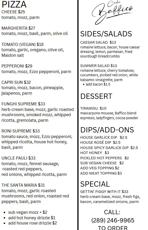 Menu de Cafe Baffico - Sourdough Doughnuts + Pizza