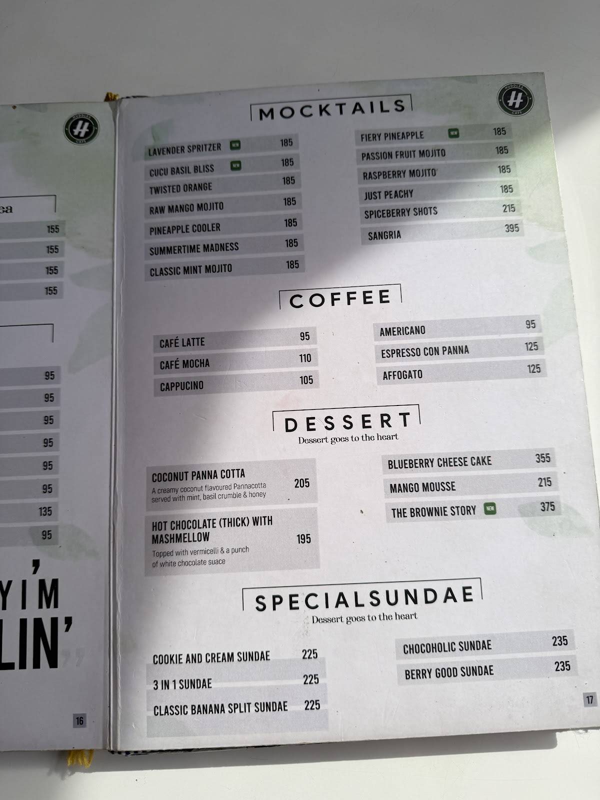 Huddles Cafe menu
