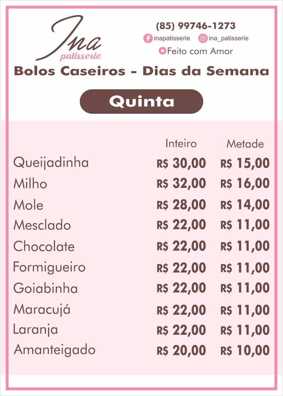 INA PATISSERIE cardápio