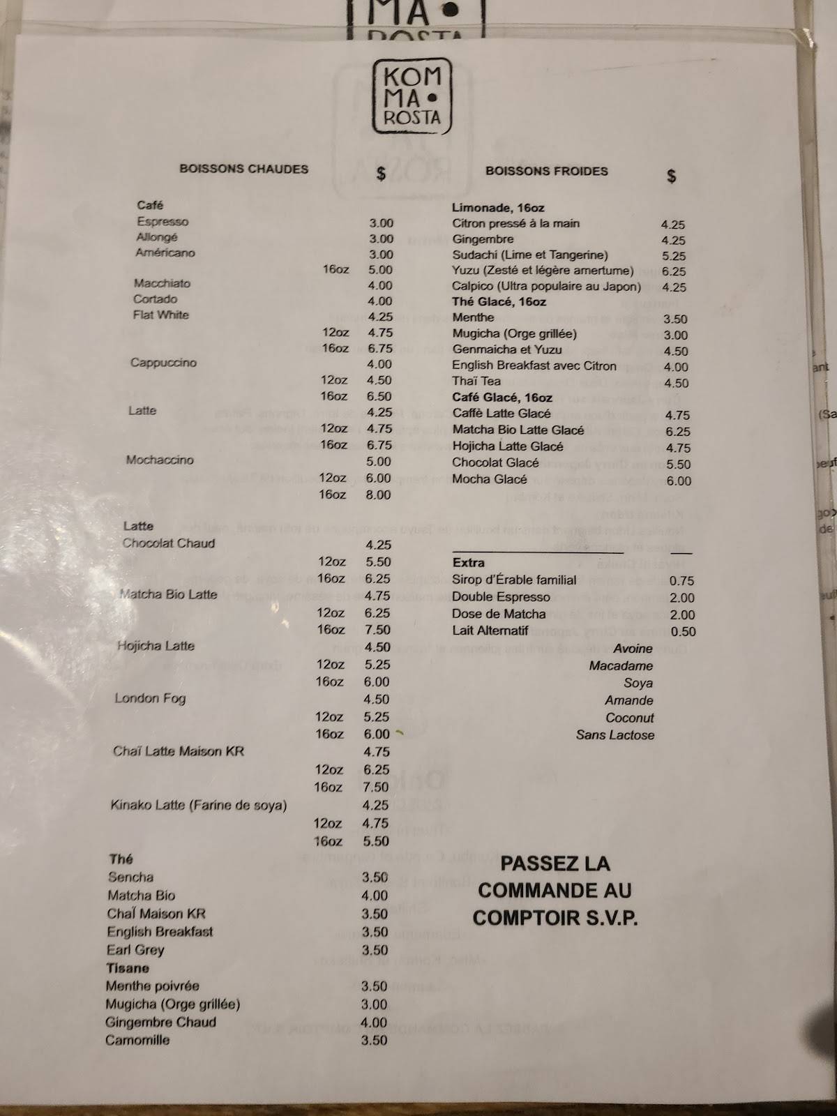 Menu de Café Komma Rosta