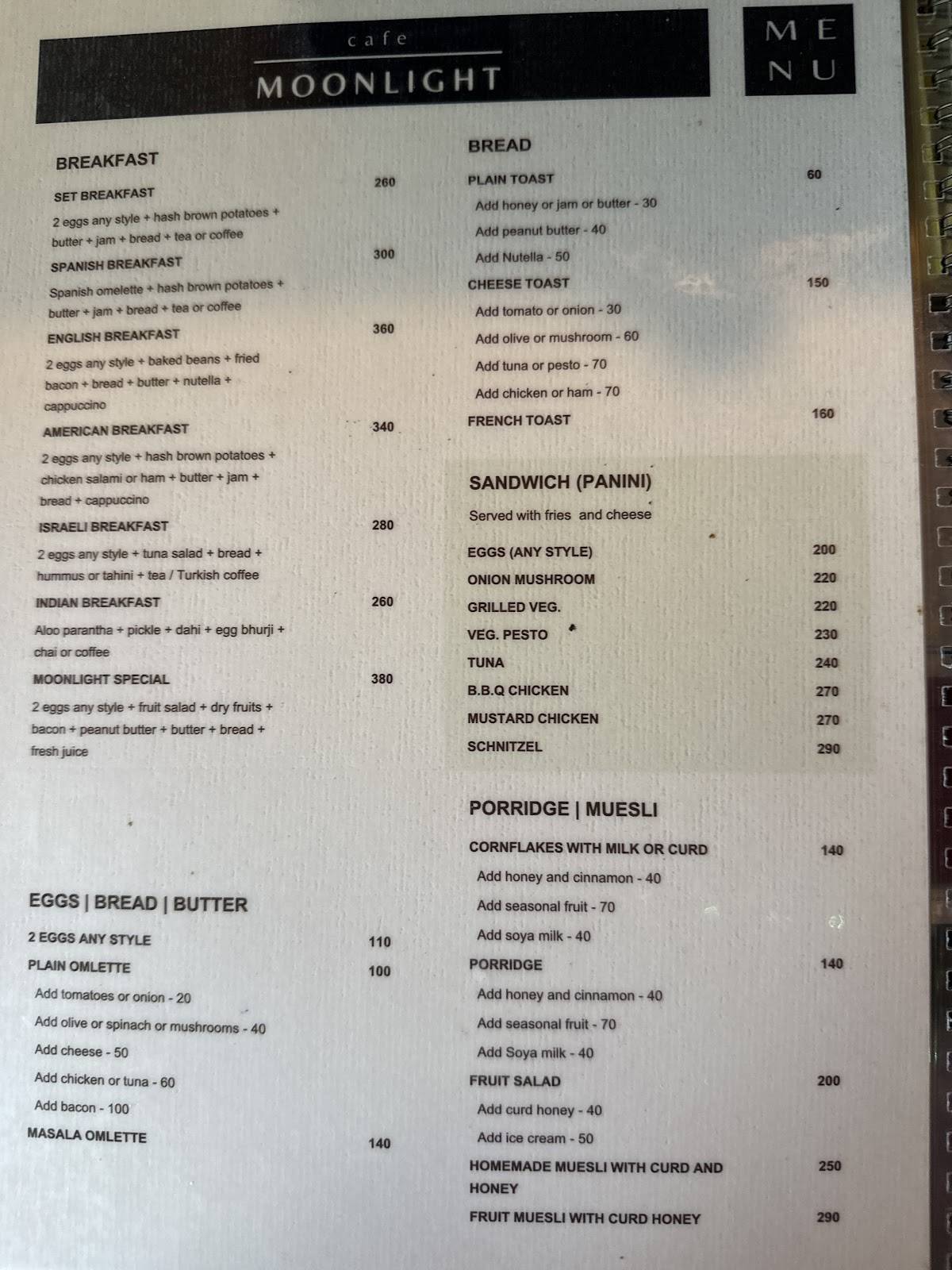 Moonlight Cafe menu
