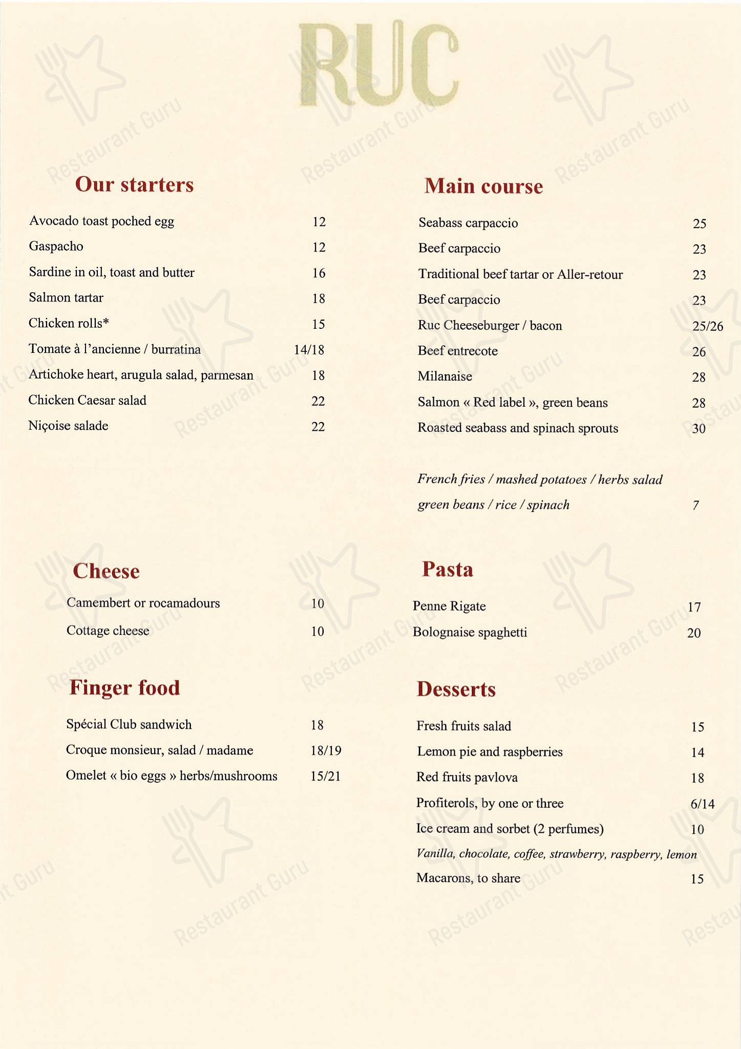 Café Ruc dans Paris - Dinner Menu