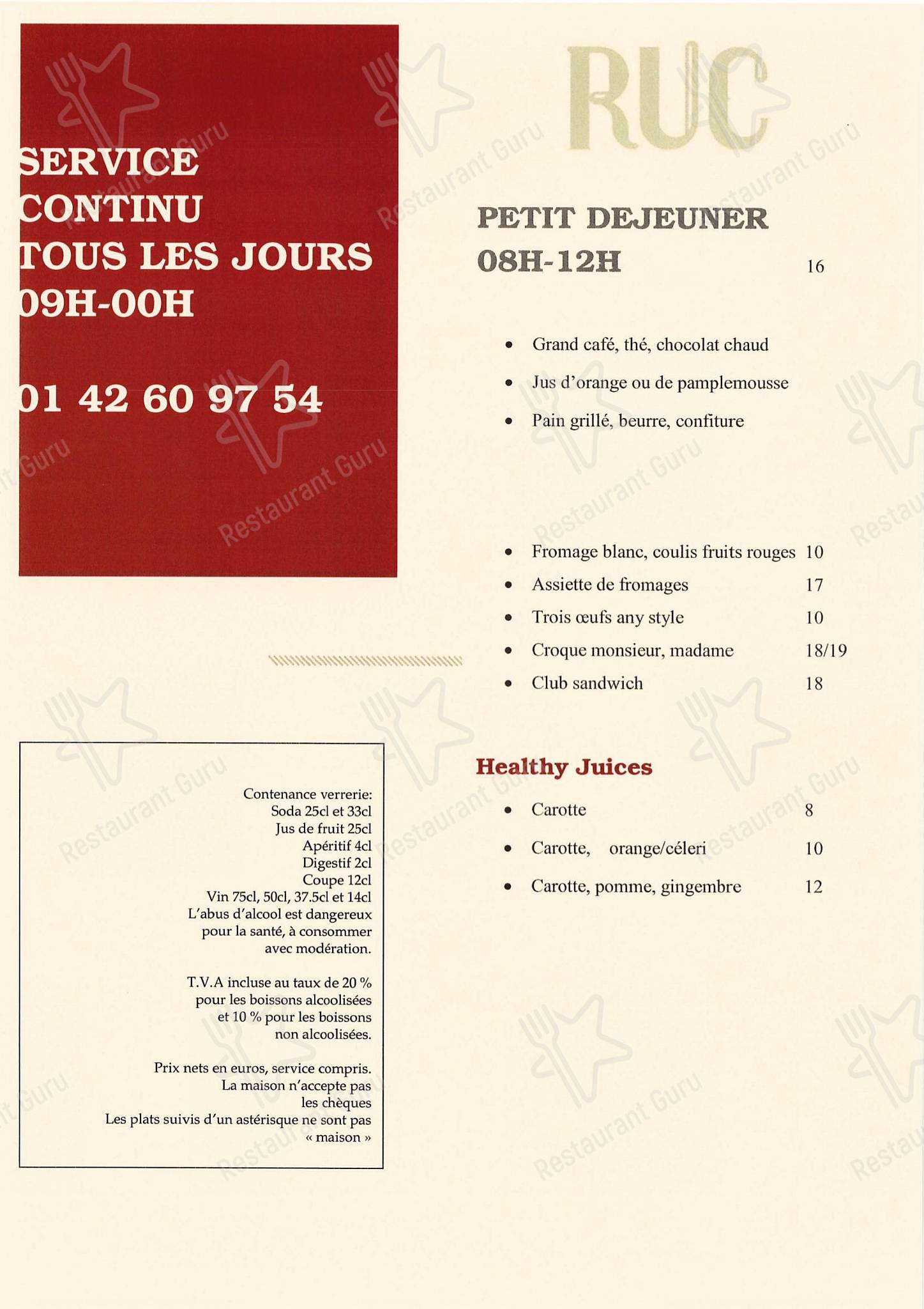 Dinner Menu pour Café Ruc restaurant