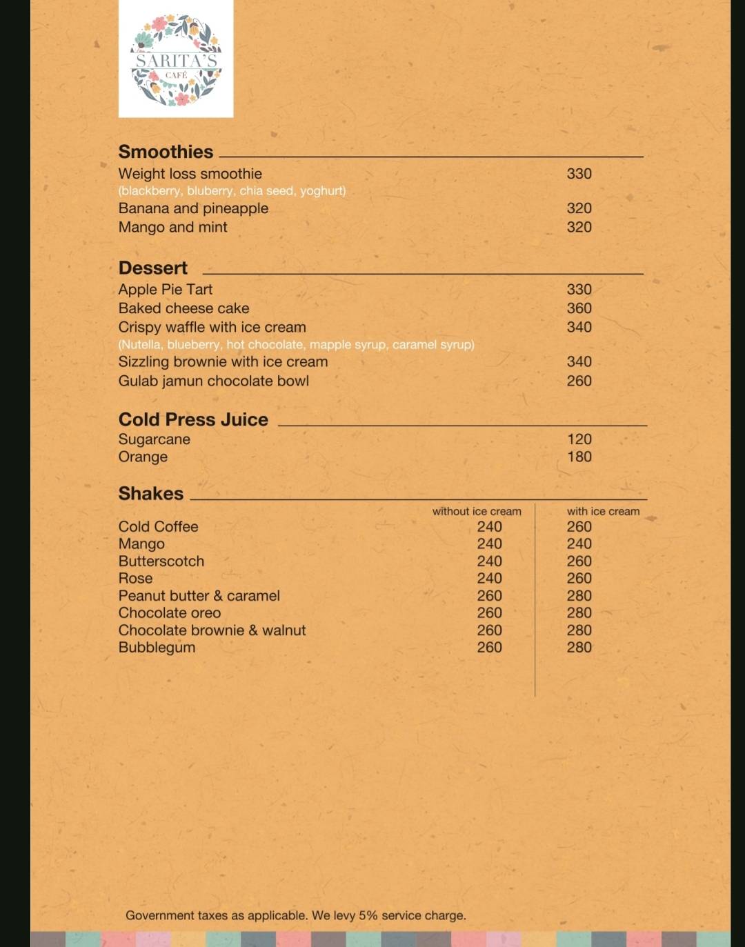 Sarita's Cafe menu