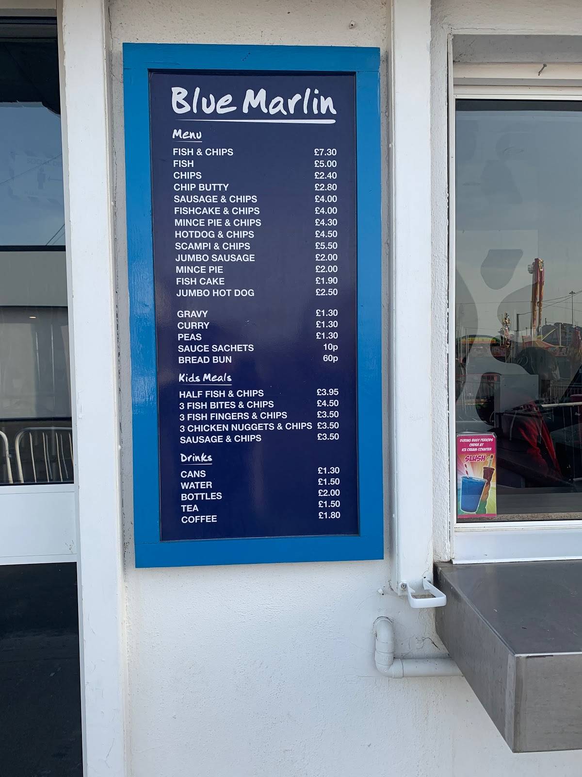 Menu at The Blue Marlin cafe, South Shields, Ocean Beach Amusement Park