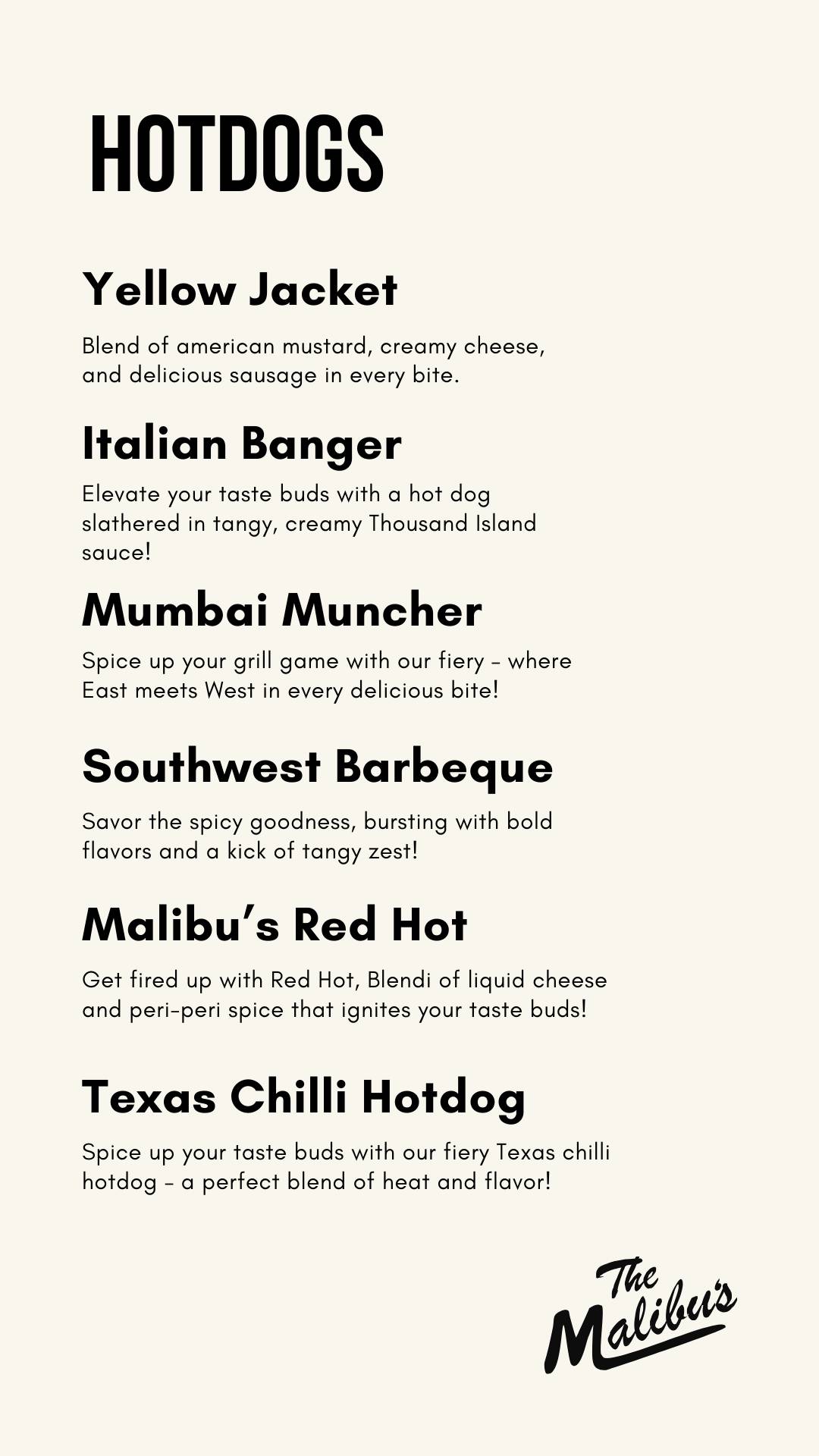 The Malibu's Cafe menu