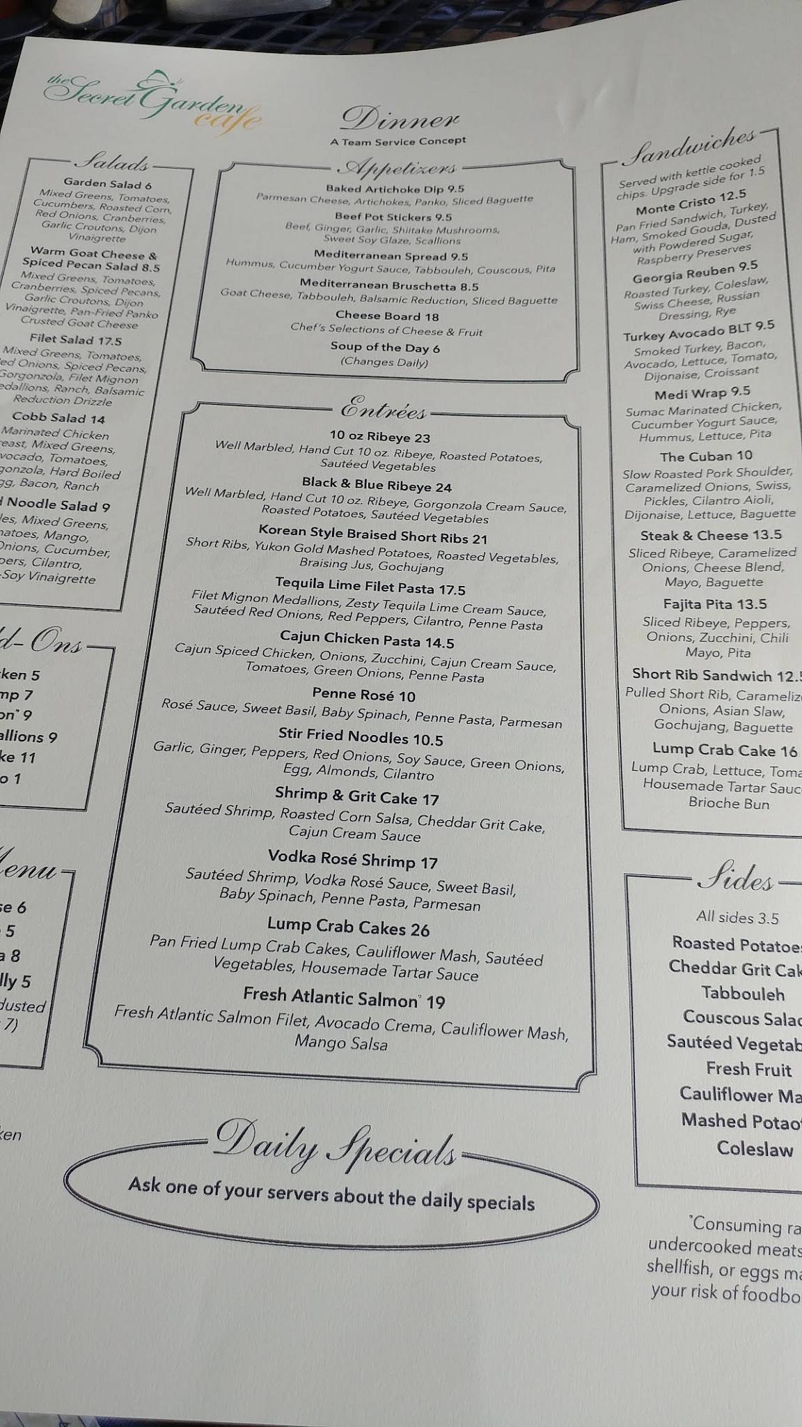 Menu at The Secret Garden Cafe, Occoquan