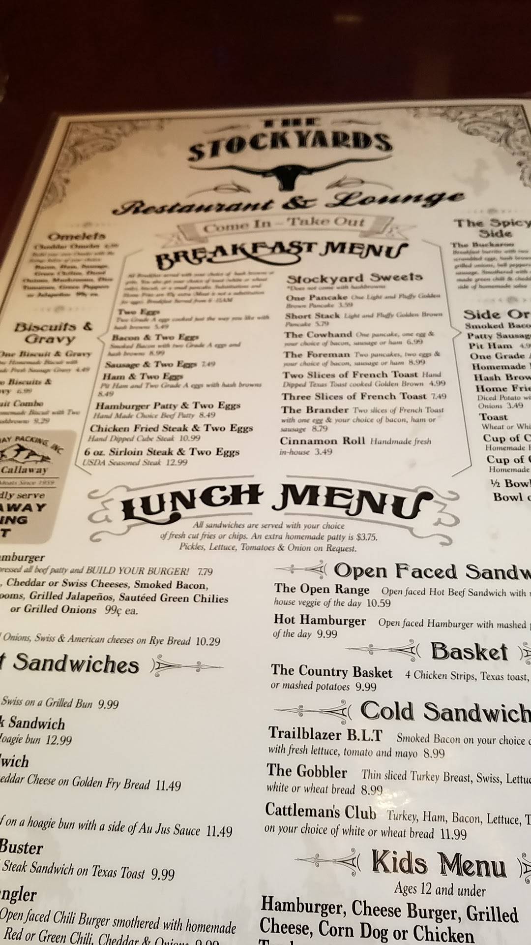 Menu at The Stockyards cafe, Delta