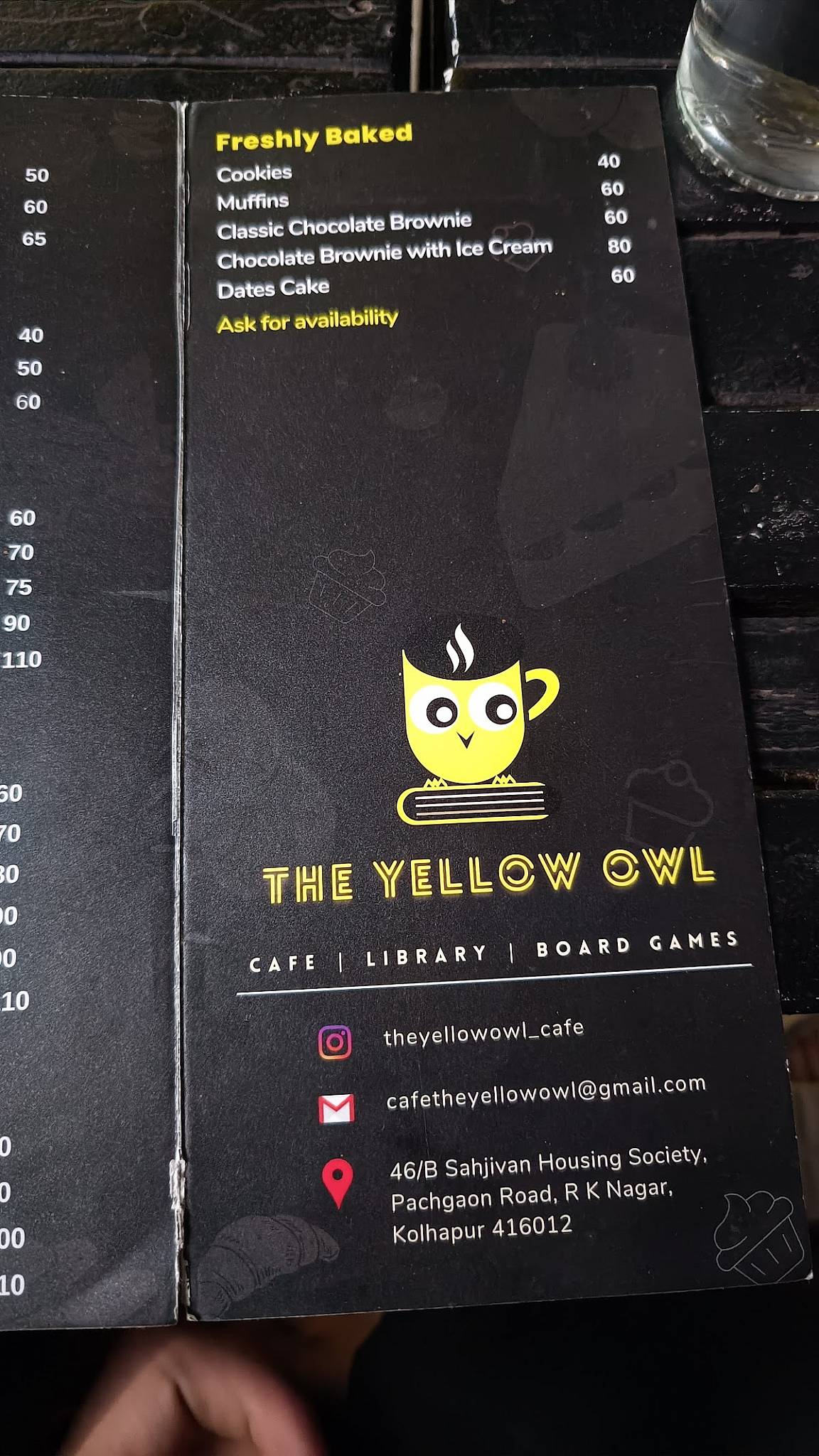 The Yellow Owl Cafe menu