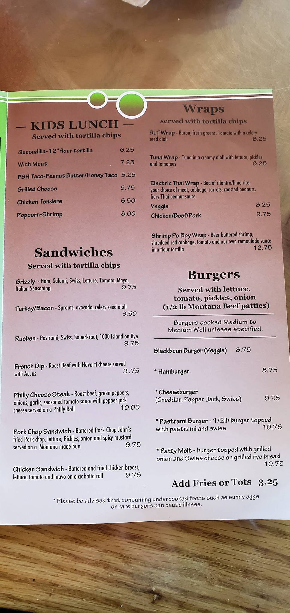 Menu at Yellowstone Grill cafe, Gardiner