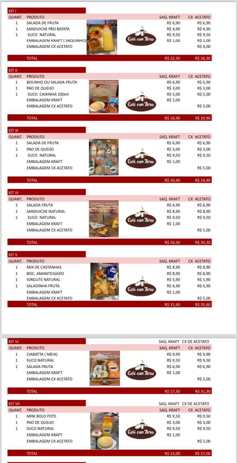 Café com Broa cardápio