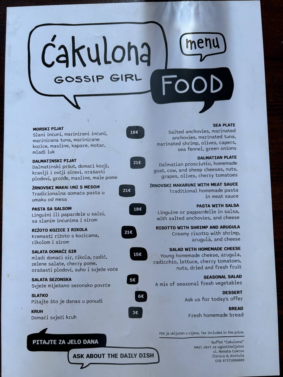 Menu de Cakulona