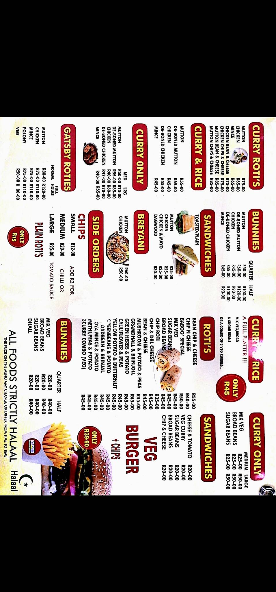 Menu at Sunrise Chip 'N Ranch fast food, Cape Town
