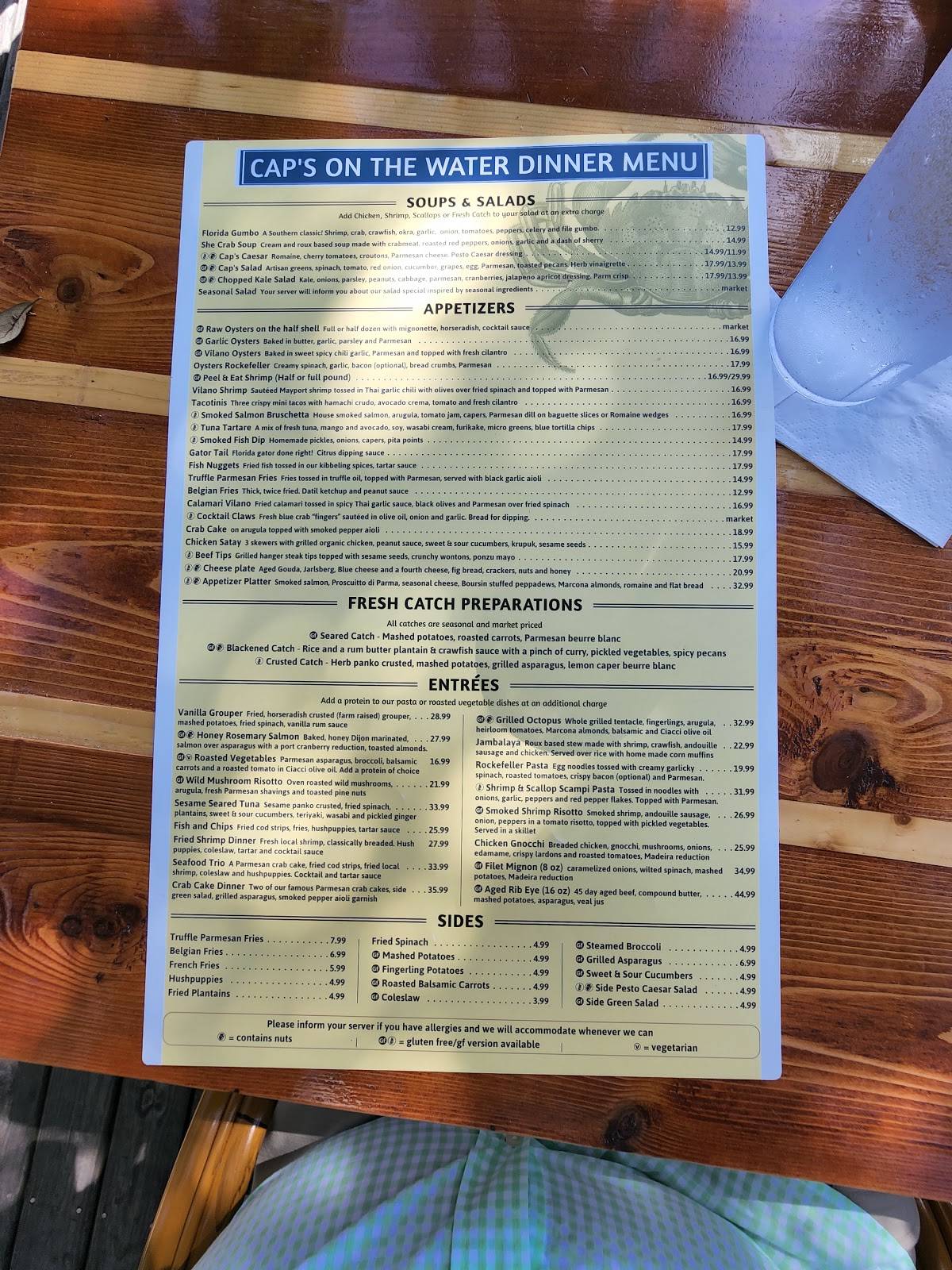 Menu at Cap's On the Water restaurant, Vilano Beach, Myrtle St