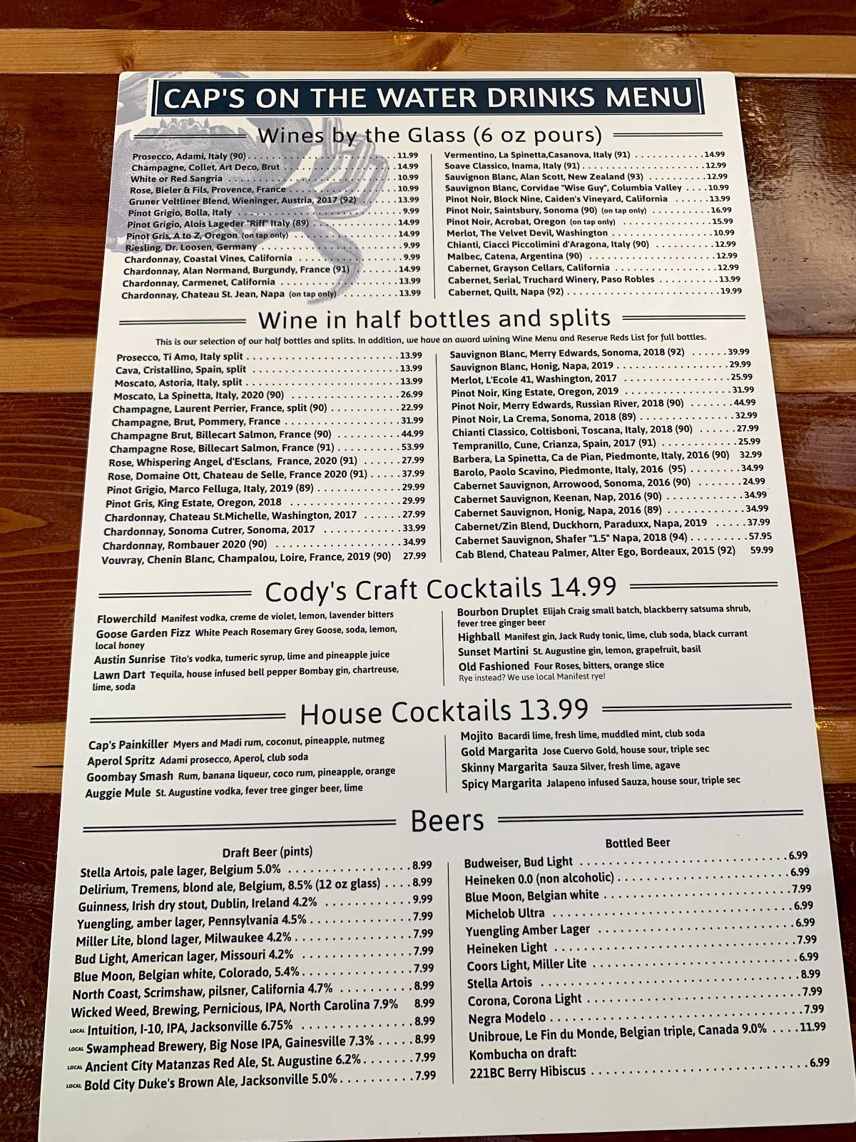 Menu at Cap's On the Water restaurant, Vilano Beach, Myrtle St