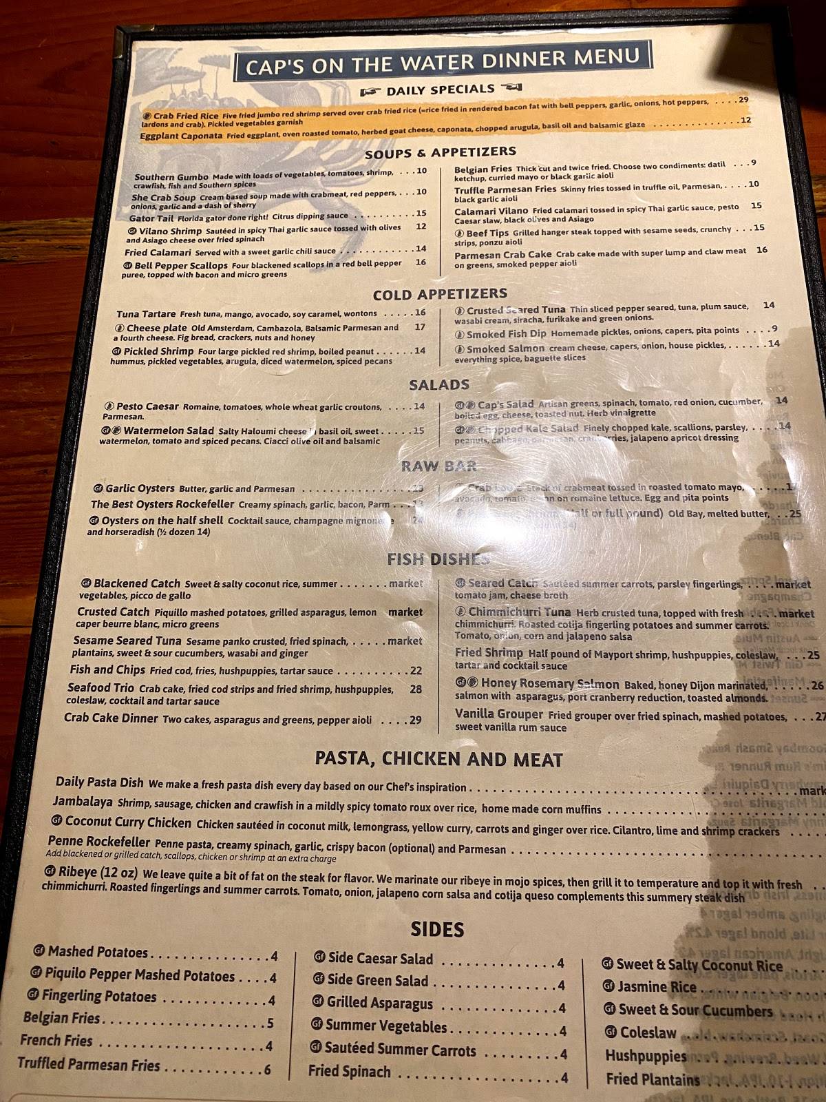 Menu at Cap's On the Water restaurant, Vilano Beach, Myrtle St