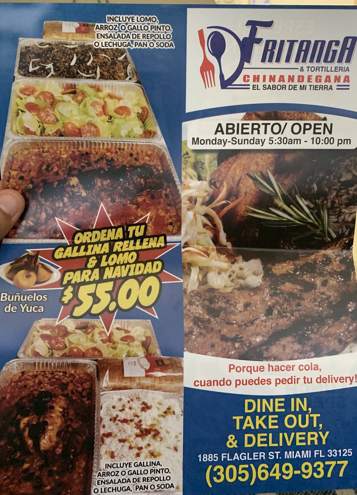 Carta de Carnitas Fritanga Restaurant De Nicaragua, Miami